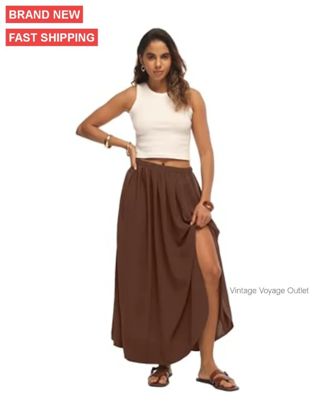 High Waisted Maxi Skirt with Side Slit, Flowy A-Line for Summer - Picture 4 of 7